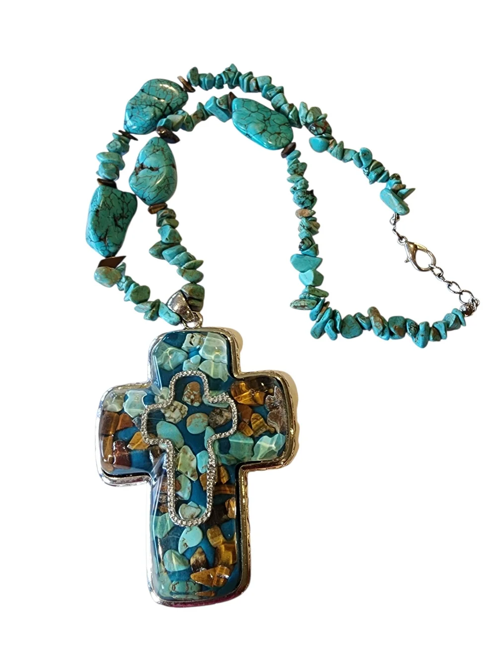 Turquoise Cross Pendant Necklace with Stone Inlay - Unbranded